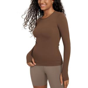 imageODODOS Womens Long Sleeve Shirts with Thumb Hole Cloud Feeling Soft Crew Neck Slim Fit Tee Yoga Athletic Workout TopsBrunette