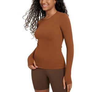 imageODODOS Womens Long Sleeve Shirts with Thumb Hole Cloud Feeling Soft Crew Neck Slim Fit Tee Yoga Athletic Workout TopsCaramel