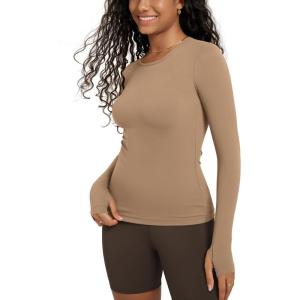 imageODODOS Womens Long Sleeve Shirts with Thumb Hole Cloud Feeling Soft Crew Neck Slim Fit Tee Yoga Athletic Workout TopsLight Brown
