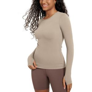 imageODODOS Womens Long Sleeve Shirts with Thumb Hole Cloud Feeling Soft Crew Neck Slim Fit Tee Yoga Athletic Workout TopsShaker Beige