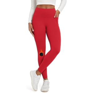 imageODODOS Womens Fleece Lined Leggings with Pockets Thermal Warm Winter Tights  25quot  28quot High Waisted Thick Yoga PantsRed