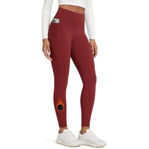 imageODODOS Womens Fleece Lined Leggings with Pockets Thermal Warm Winter Tights  25quot  28quot High Waisted Thick Yoga PantsRed Dahlia