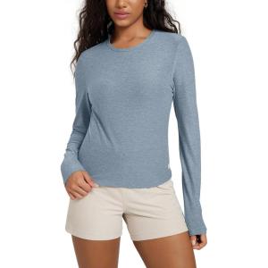 imageODODOS Womens Long Sleeve Performance TShirts  Ultra Soft Stratum Tech Crew Neck Tee UPF 50 Essential Crop TopDusty Blue Heather