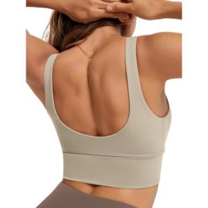imageODODOS Womens Longline UBack Sports Bra VNeck Padded Yoga Workout Wirefree Tank TopDark Beige