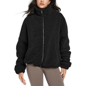 imageODODOS Womens Sherpa Fleece FullZip Jacket Long Sleeve Coat Soft Warm Cinchable Outerwear with PocketsBlack