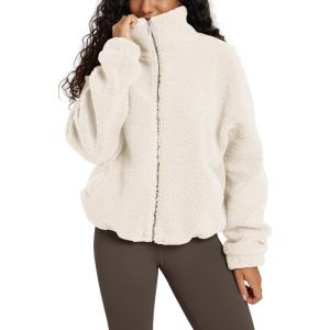 imageODODOS Womens Sherpa Fleece FullZip Jacket Long Sleeve Coat Soft Warm Cinchable Outerwear with PocketsIvory