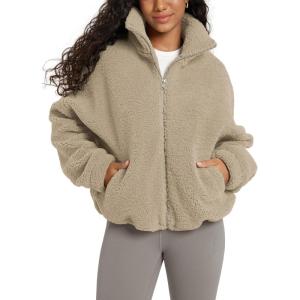 imageODODOS Womens Sherpa Fleece FullZip Jacket Long Sleeve Coat Soft Warm Cinchable Outerwear with PocketsKhaki