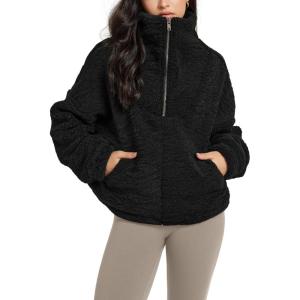 imageODODOS Womens Sherpa Fleece HalfZip Pullover  Cozy Warm Long Sleeve Sweatshirt Cinchable Outerwear with PocketsBlack