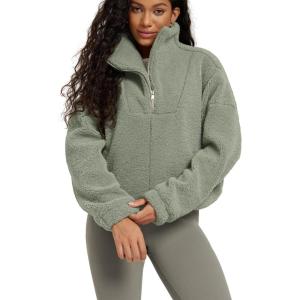 imageODODOS Womens Sherpa Fleece HalfZip Pullover  Cozy Warm Long Sleeve Sweatshirt Cinchable Outerwear with PocketsCeladon Green