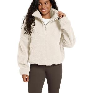 imageODODOS Womens Sherpa Fleece HalfZip Pullover  Cozy Warm Long Sleeve Sweatshirt Cinchable Outerwear with PocketsIvory
