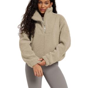 imageODODOS Womens Sherpa Fleece HalfZip Pullover  Cozy Warm Long Sleeve Sweatshirt Cinchable Outerwear with PocketsKhaki