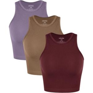 imageODODOS 3Pack Seamless Crop Tank for Women Ribbed Soft High Neck Cropped TopsClaretermineviolet