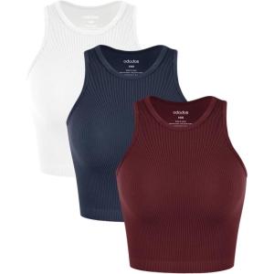 imageODODOS 3Pack Seamless Crop Tank for Women Ribbed Soft High Neck Cropped TopsClaretnavywhite