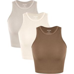 imageODODOS 3Pack Seamless Crop Tank for Women Ribbed Soft High Neck Cropped TopsErmineivorystar White
