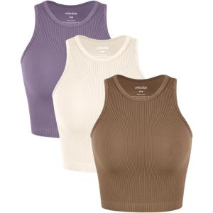 imageODODOS 3Pack Seamless Crop Tank for Women Ribbed Soft High Neck Cropped TopsErmineivoryviolet