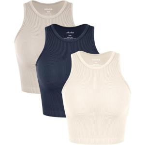 imageODODOS 3Pack Seamless Crop Tank for Women Ribbed Soft High Neck Cropped TopsIvorynavystar White