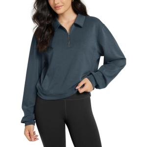 imageODODOS Modal Soft HalfZip Collared Sweatshirts for Women Long Sleeve Relaxed Pullover Top with PocketsNavy