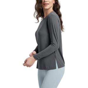 imageODODOS Womens Relaxed Fit Long Sleeve Shirts Boat Neck Side Slit PeachSoft Casual Lounge Yoga TopsCharcoal