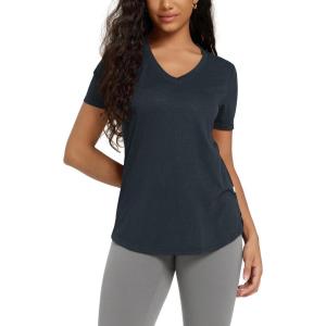 imageODODOS Womens Short Sleeve TShirts Graphene Ultralight Soft Breathable Side Slit V Neck Yoga Workout Casual TopDeep Navy
