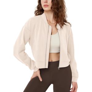 imageODODOS Modal Soft FullZip Bomber Jacket for Women Long Sleeve Casual Fall Outfit Crop Top with PocketsBeige