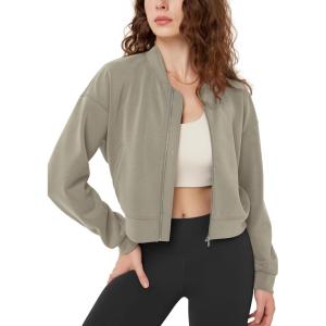 imageODODOS Modal Soft FullZip Bomber Jacket for Women Long Sleeve Casual Fall Outfit Crop Top with PocketsKhaki