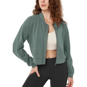 imageODODOS Modal Soft FullZip Bomber Jacket for Women Long Sleeve Casual Fall Outfit Crop Top with PocketsSlate Green