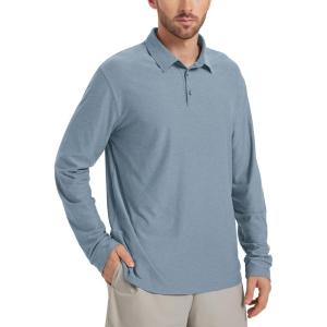 imageODODOS Mens Performance Long Sleeve Polo Stratum Tech Golf TShirts Ultra Soft Moisture Wicking UPF 50 Casual TopsDusty Blue Heather