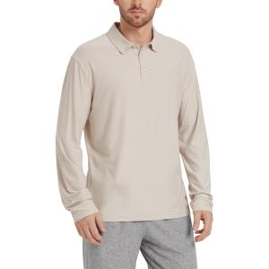 imageODODOS Mens Performance Long Sleeve Polo Stratum Tech Golf TShirts Ultra Soft Moisture Wicking UPF 50 Casual TopsEcru Heather