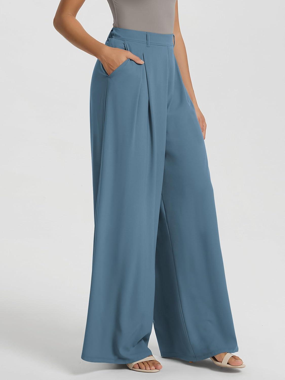 imageODODOS Chiffon Flowy Pleated Wide Leg Pants for Women Lightweight High Waist Trouser with Pockets2729quot 31quot InseamBlue Ashes