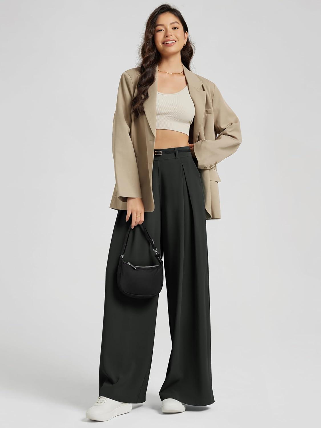 imageODODOS Chiffon Flowy Pleated Wide Leg Pants for Women Lightweight High Waist Trouser with Pockets2729quot 31quot InseamClassic Black