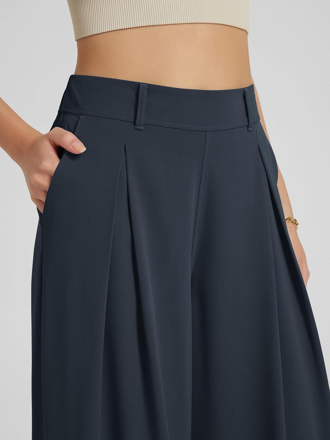 imageODODOS Chiffon Flowy Pleated Wide Leg Pants for Women Lightweight High Waist Trouser with Pockets2729quot 31quot InseamDark Navy