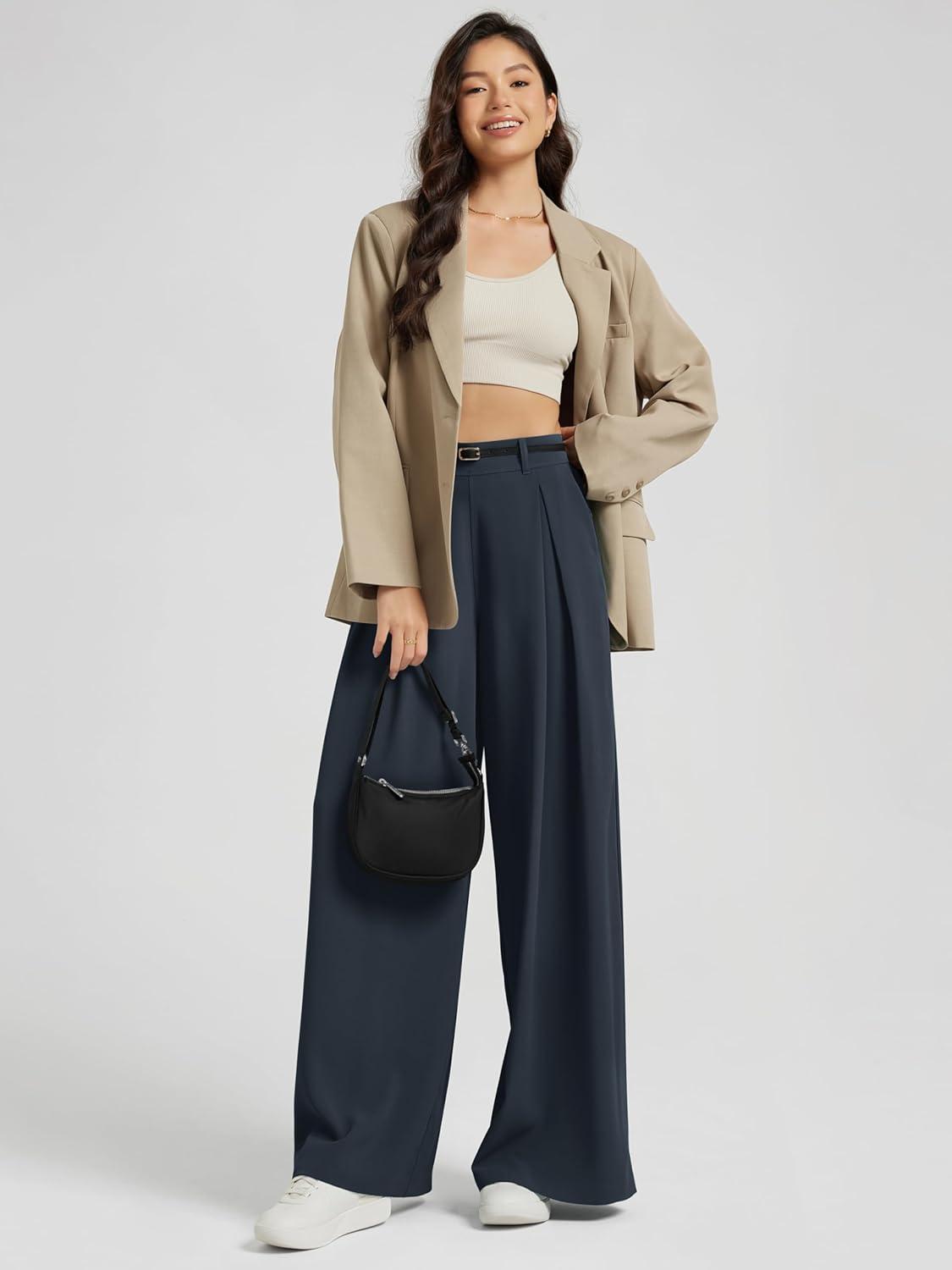 imageODODOS Chiffon Flowy Pleated Wide Leg Pants for Women Lightweight High Waist Trouser with Pockets2729quot 31quot InseamDark Navy