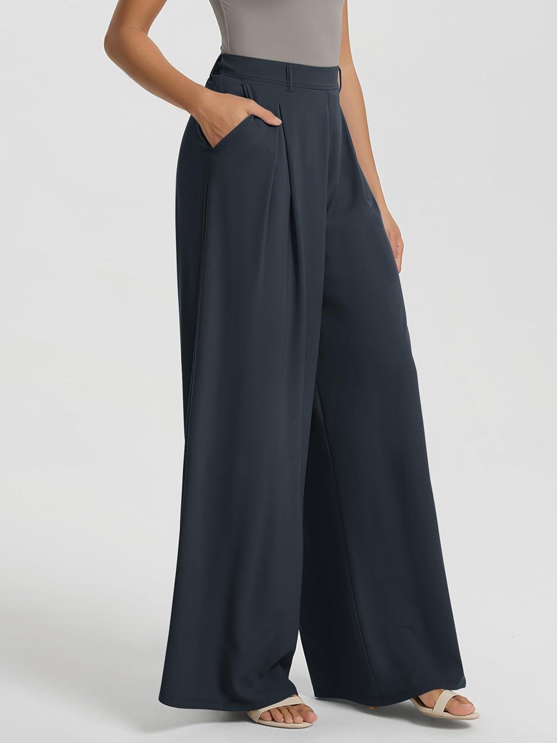 imageODODOS Chiffon Flowy Pleated Wide Leg Pants for Women Lightweight High Waist Trouser with Pockets2729quot 31quot InseamDark Navy