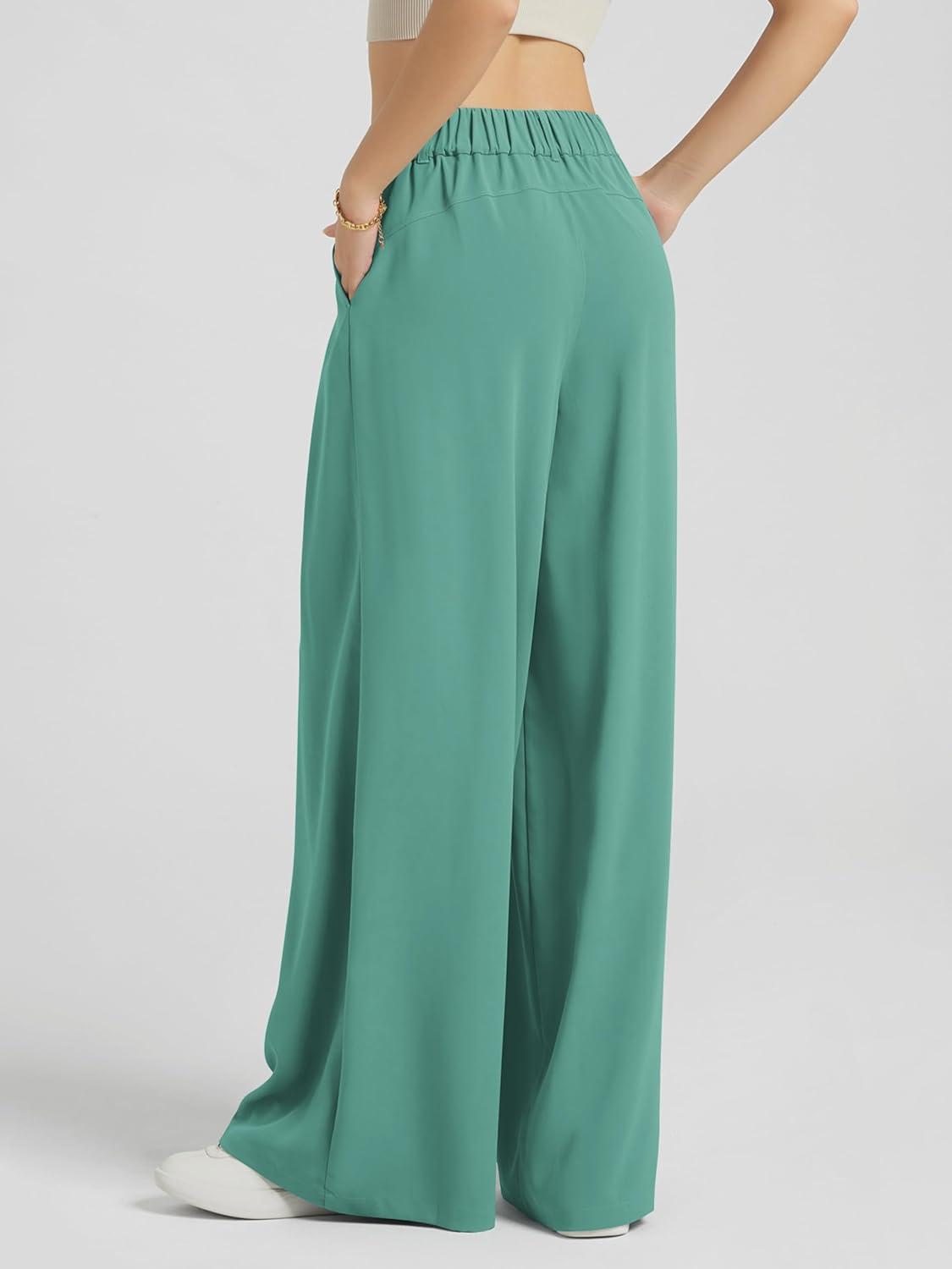 imageODODOS Chiffon Flowy Pleated Wide Leg Pants for Women Lightweight High Waist Trouser with Pockets2729quot 31quot InseamLake Green