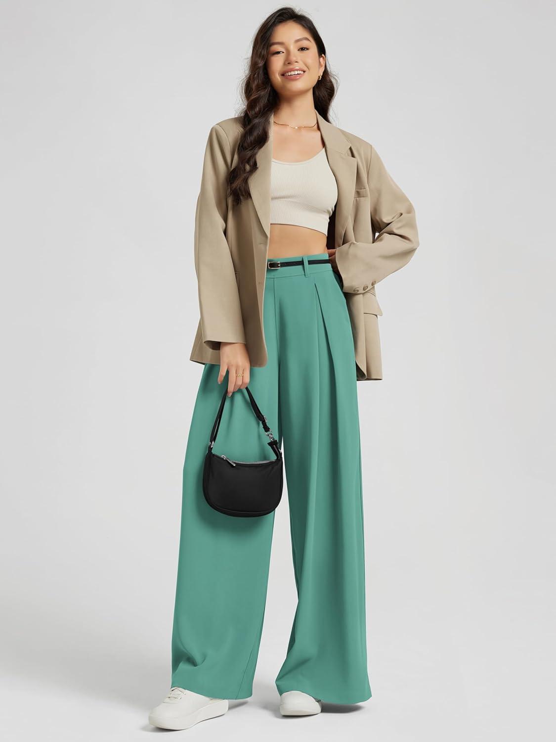 imageODODOS Chiffon Flowy Pleated Wide Leg Pants for Women Lightweight High Waist Trouser with Pockets2729quot 31quot InseamLake Green