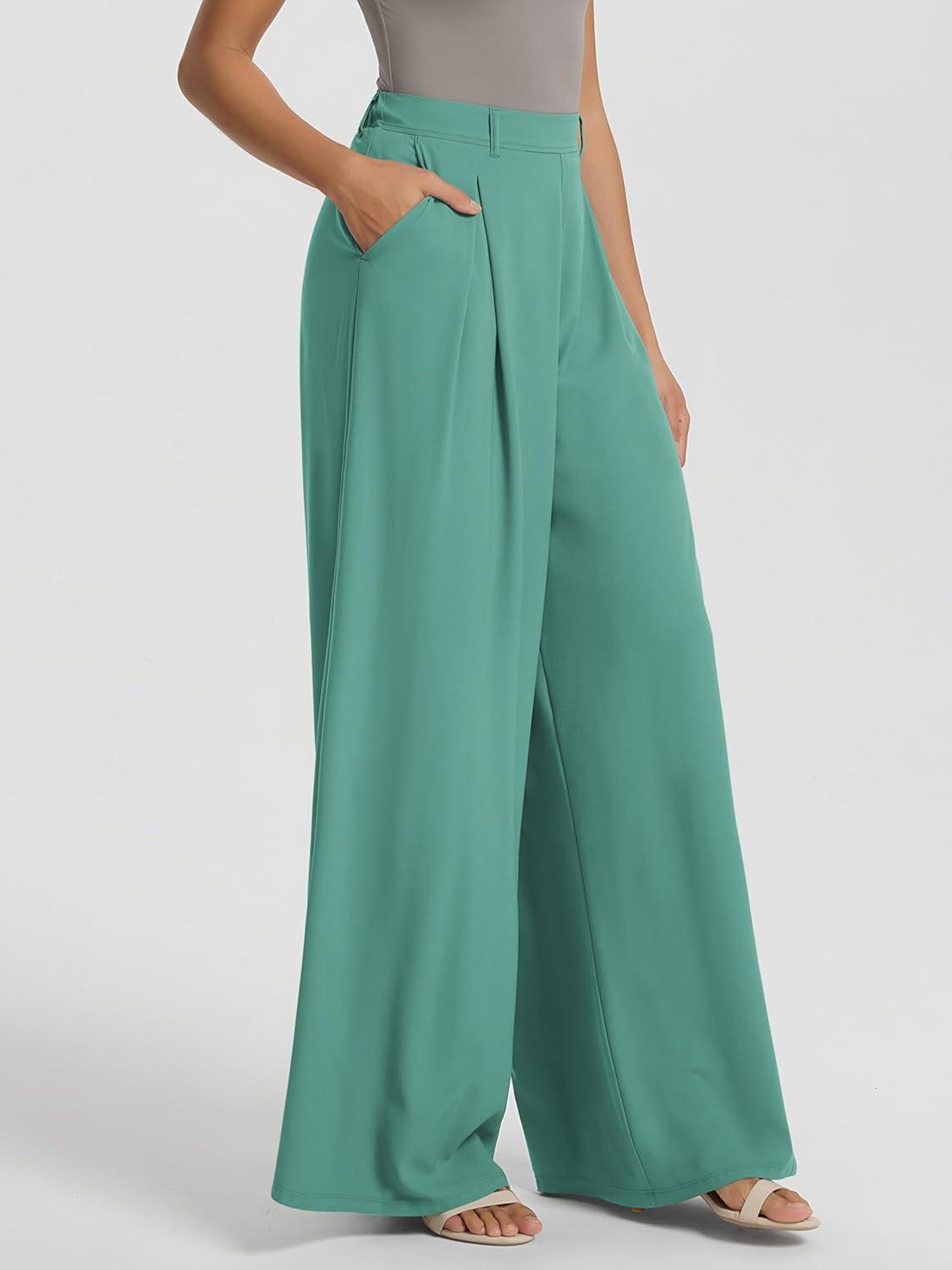imageODODOS Chiffon Flowy Pleated Wide Leg Pants for Women Lightweight High Waist Trouser with Pockets2729quot 31quot InseamLake Green