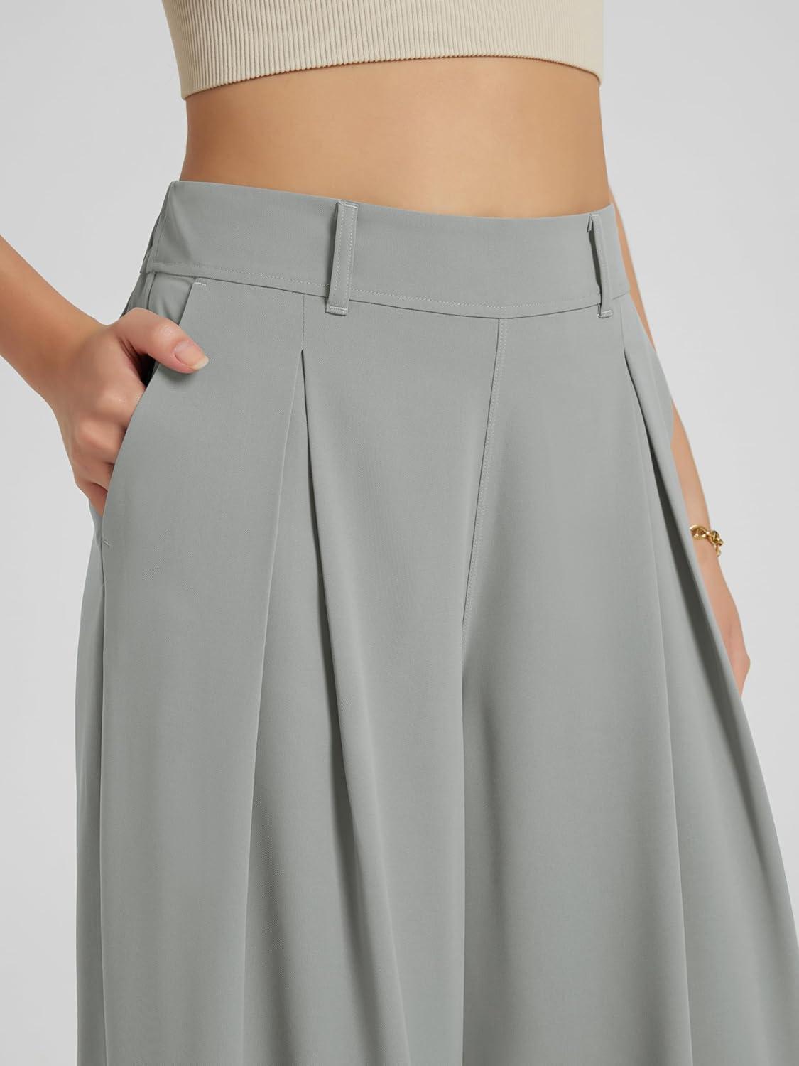 imageODODOS Chiffon Flowy Pleated Wide Leg Pants for Women Lightweight High Waist Trouser with Pockets2729quot 31quot InseamMirage Gray