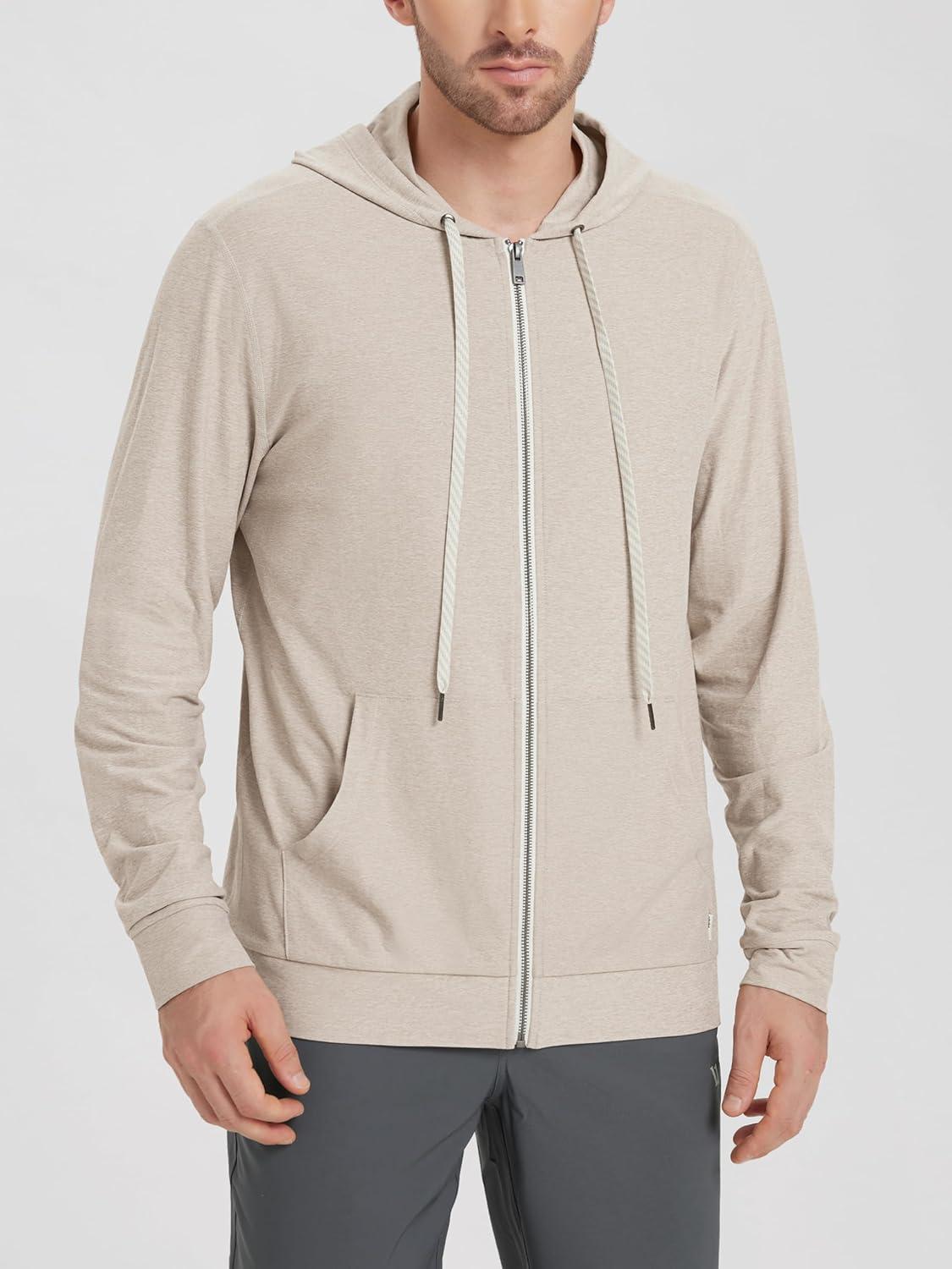 imageODODOS Mens FullZip Hoodie  Stratum Tech Ultra Soft Outfit UPF 50 Performance Hooded Jacket with PocketsEcru Heather