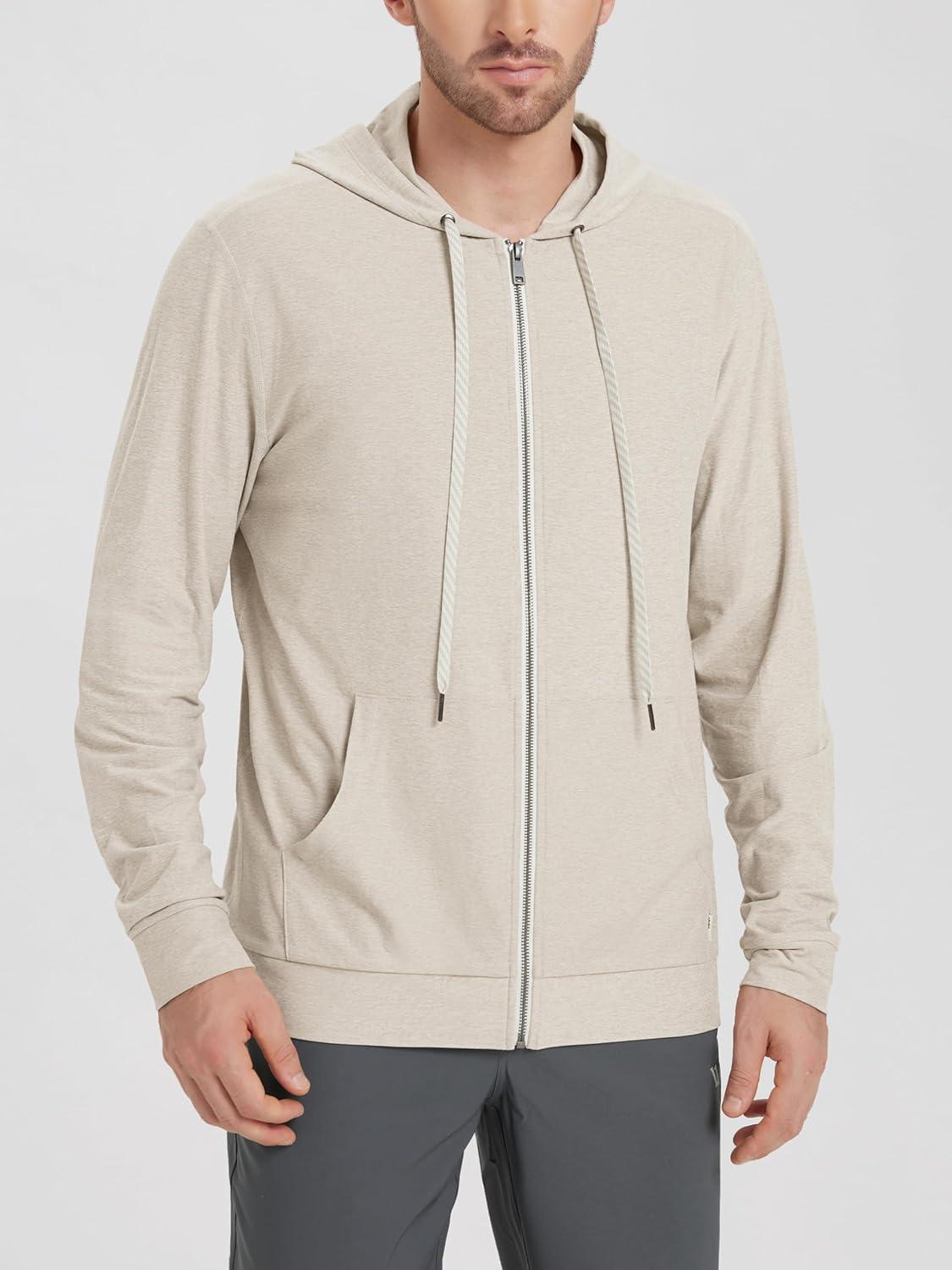 imageODODOS Mens FullZip Hoodie  Stratum Tech Ultra Soft Outfit UPF 50 Performance Hooded Jacket with PocketsMilkweed Heather