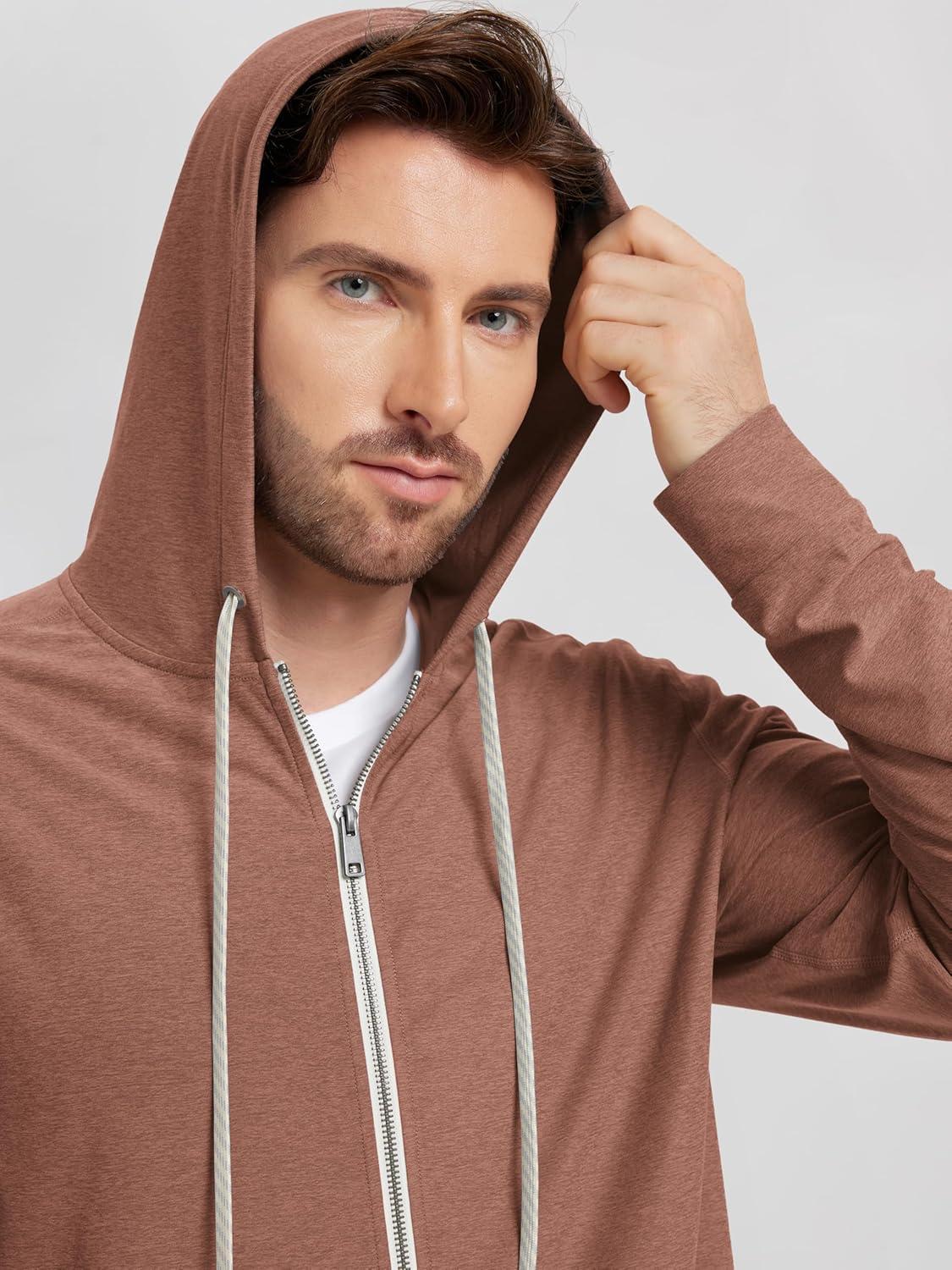 imageODODOS Mens FullZip Hoodie  Stratum Tech Ultra Soft Outfit UPF 50 Performance Hooded Jacket with PocketsTamarind Heather