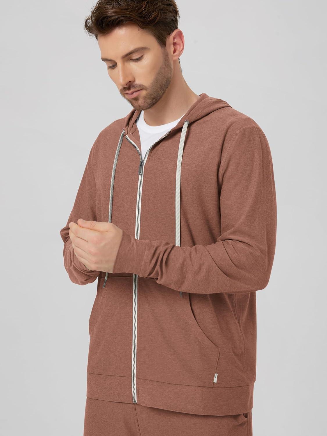 imageODODOS Mens FullZip Hoodie  Stratum Tech Ultra Soft Outfit UPF 50 Performance Hooded Jacket with PocketsTamarind Heather