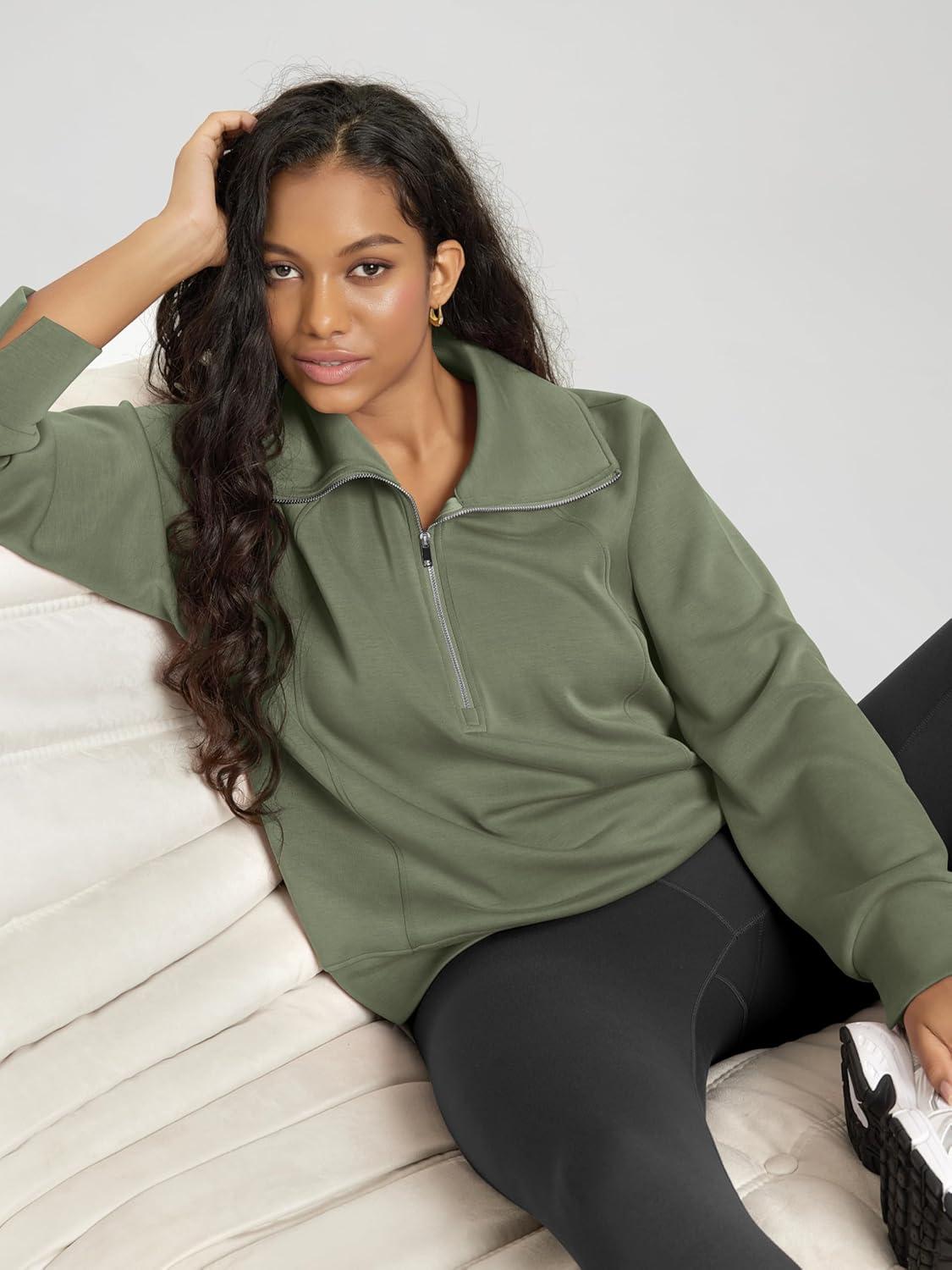 imageODODOS Modal Soft HalfZip Sweatshirts for Women Long Sleeve Relaxed Fit Collared Pullover TopDark Sage