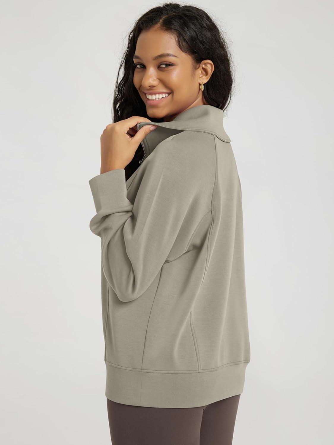 imageODODOS Modal Soft HalfZip Sweatshirts for Women Long Sleeve Relaxed Fit Collared Pullover TopKhaki