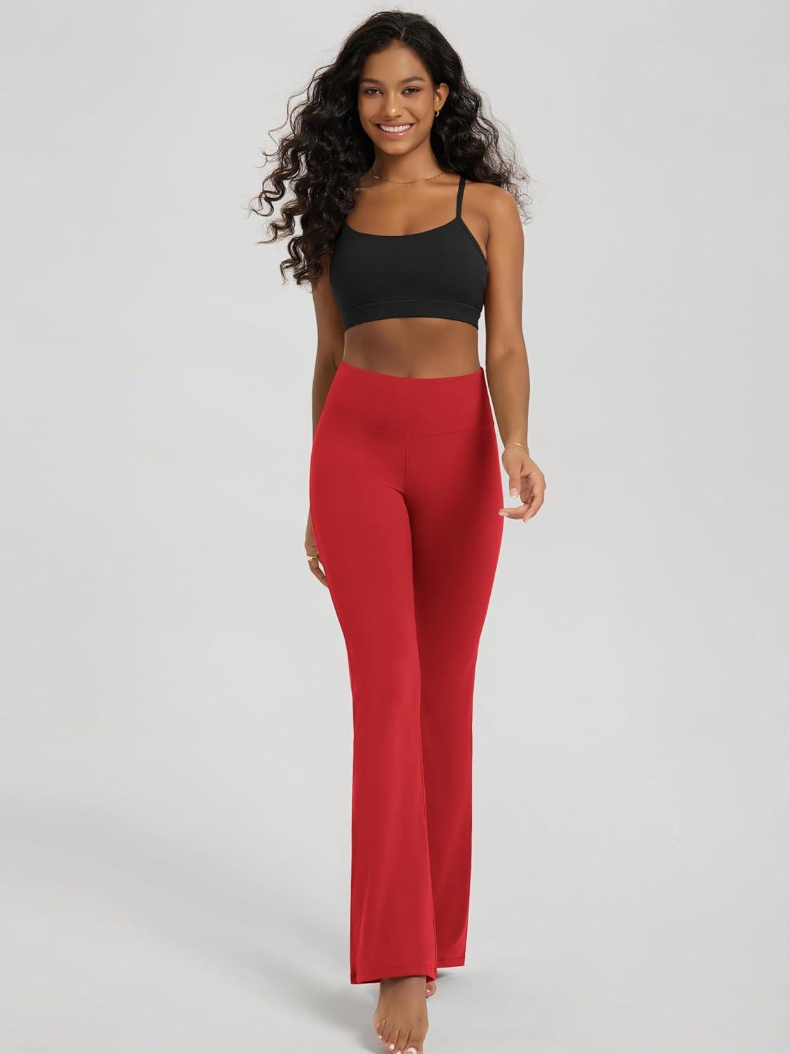 imageODODOS Womens High Waist Flared Yoga Pants Tummy Control Gym Workout Bootcut Leggings with Inner Pocket  29quot  31quot InseamRed