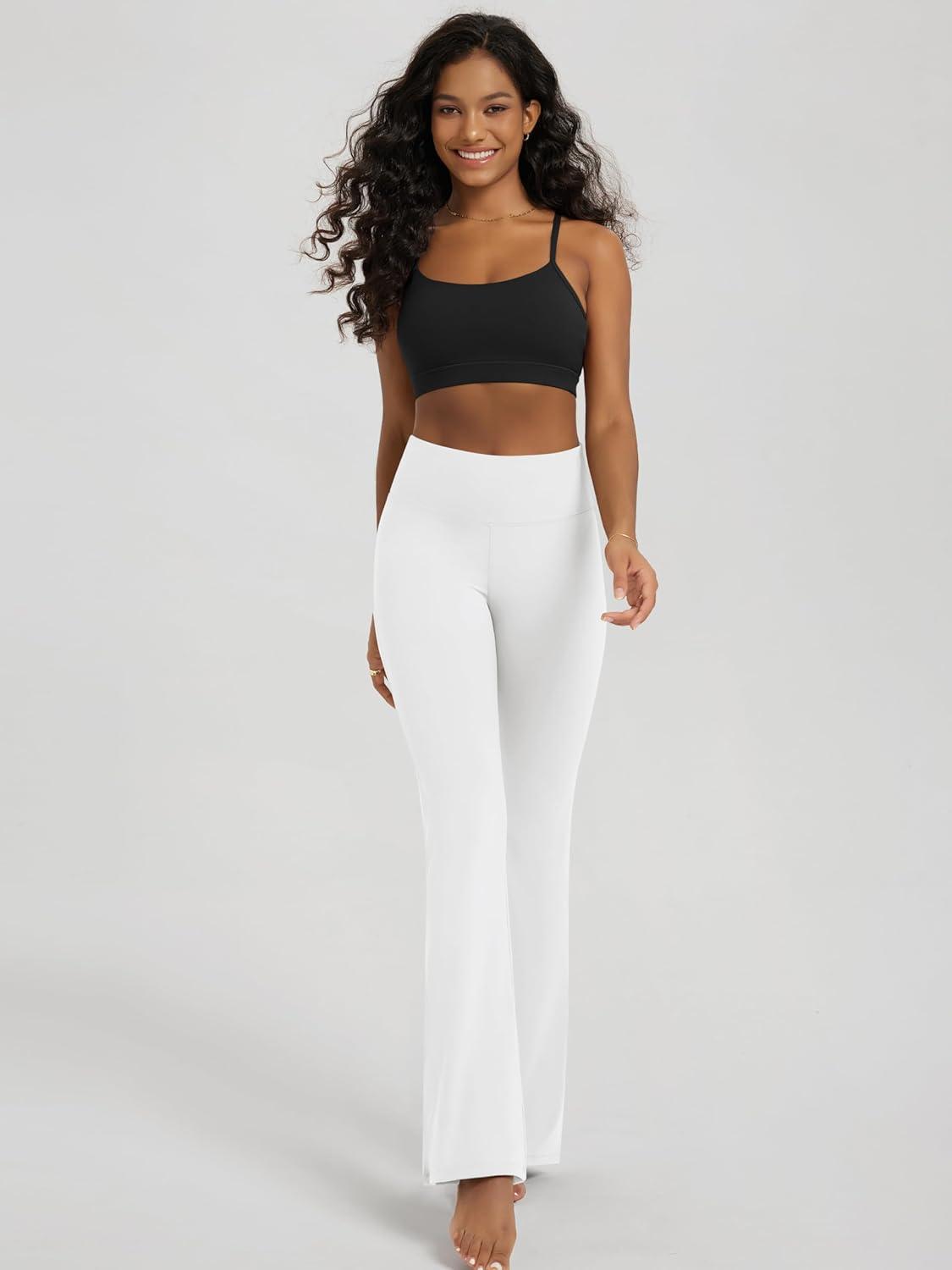 imageODODOS Womens High Waist Flared Yoga Pants Tummy Control Gym Workout Bootcut Leggings with Inner Pocket  29quot  31quot InseamWhite