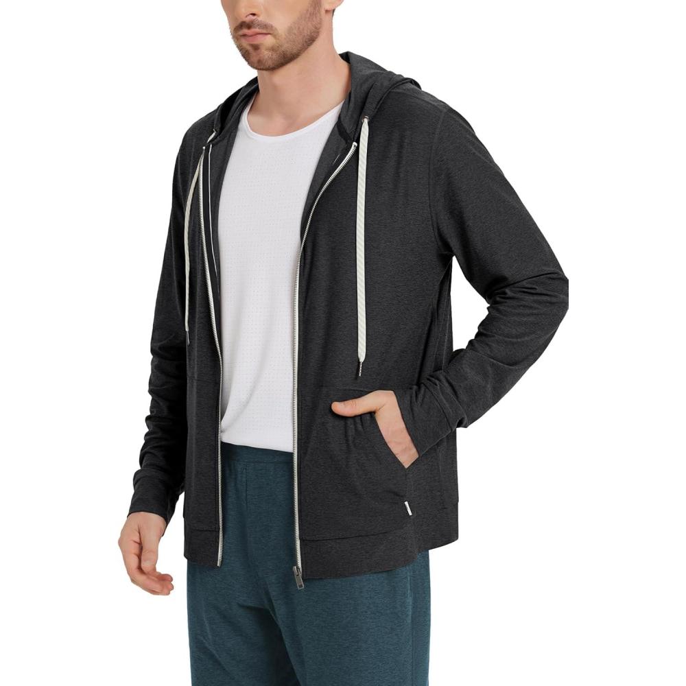 imageODODOS Mens FullZip Hoodie  Stratum Tech Ultra Soft Outfit UPF 50 Performance Hooded Jacket with PocketsBlack Heather