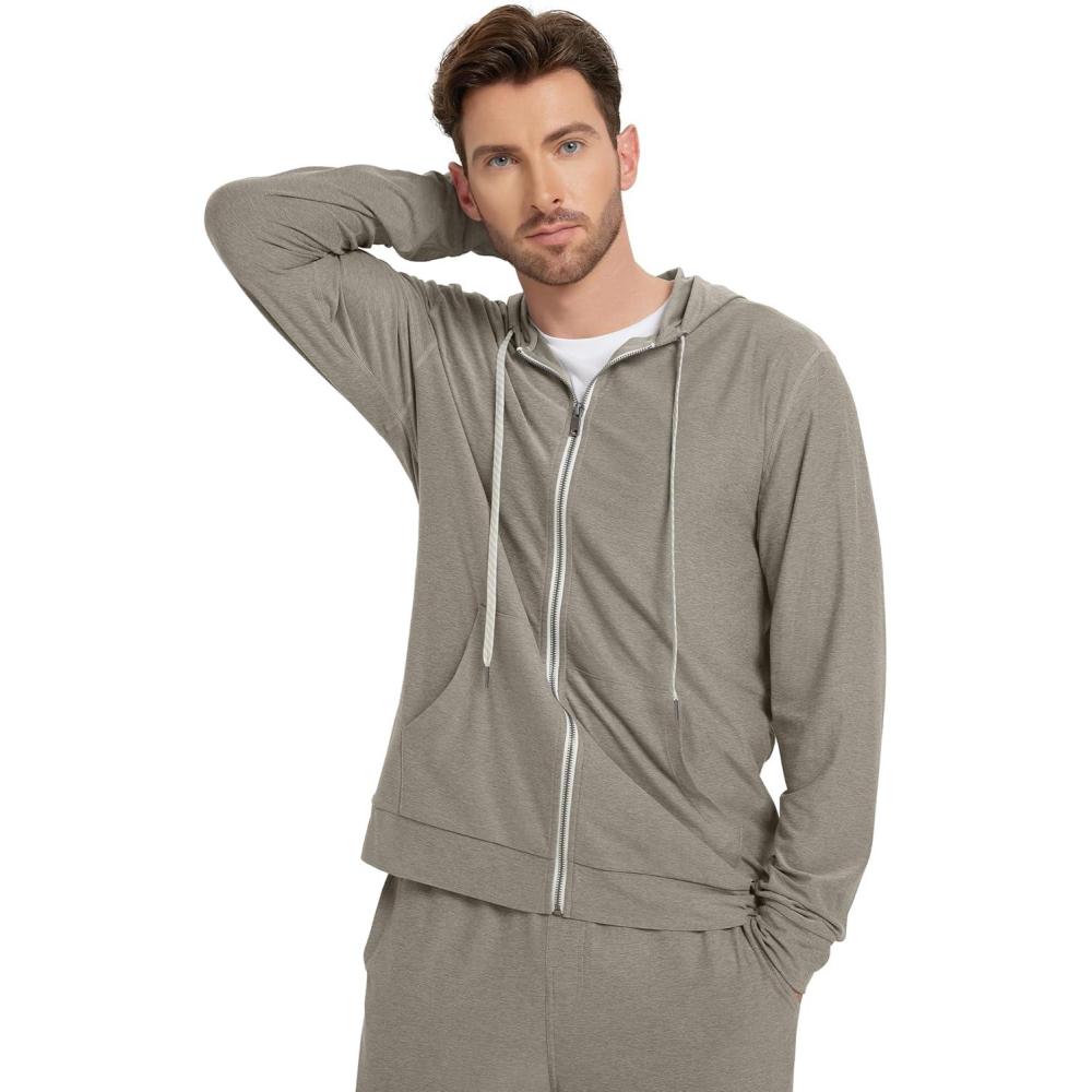 imageODODOS Mens FullZip Hoodie  Stratum Tech Ultra Soft Outfit UPF 50 Performance Hooded Jacket with PocketsWarm Grey Heather