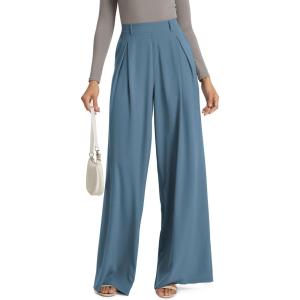 imageODODOS Chiffon Flowy Pleated Wide Leg Pants for Women Lightweight High Waist Trouser with Pockets2729quot 31quot InseamBlue Ashes