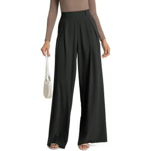 imageODODOS Chiffon Flowy Pleated Wide Leg Pants for Women Lightweight High Waist Trouser with Pockets2729quot 31quot InseamClassic Black