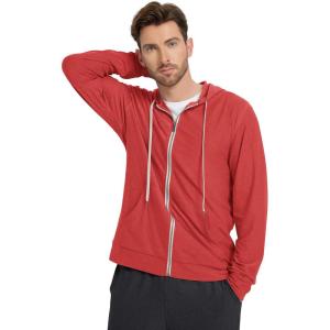 imageODODOS Mens FullZip Hoodie  Stratum Tech Ultra Soft Outfit UPF 50 Performance Hooded Jacket with PocketsRed Heather